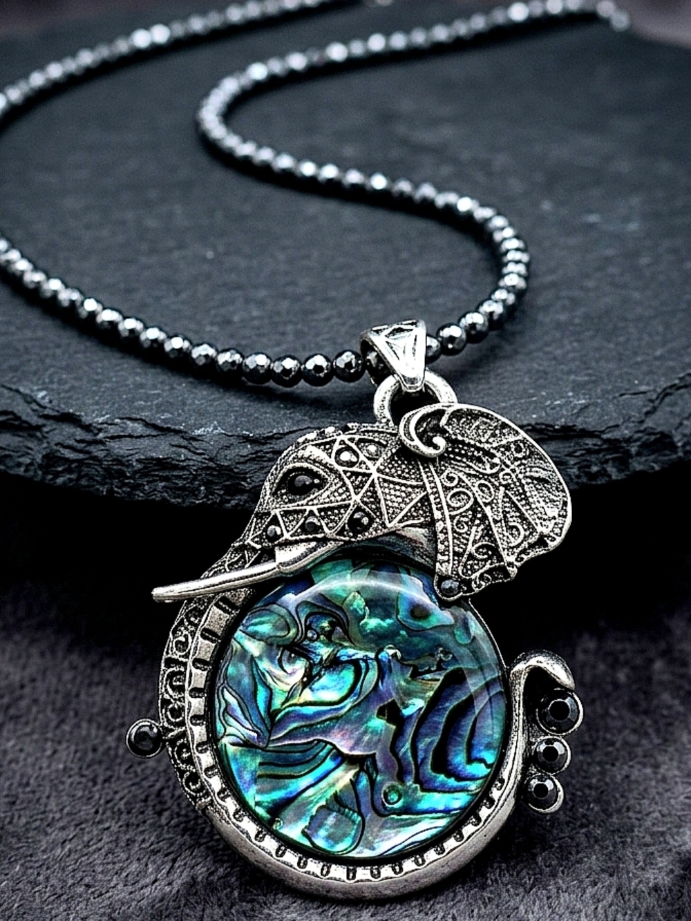 Antique Silver Elephant & Iridescent Abalone Shell Statement Necklace